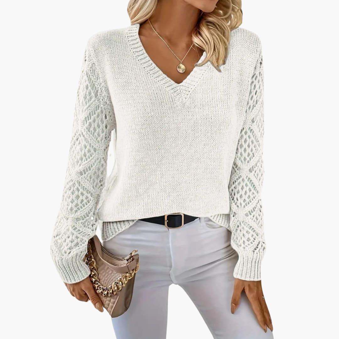 Elowen | Women's V-Neck Crochet Sleeve Relaxed Fit Jumper