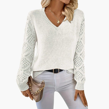 Elowen | Women's V-Neck Crochet Sleeve Relaxed Fit Jumper