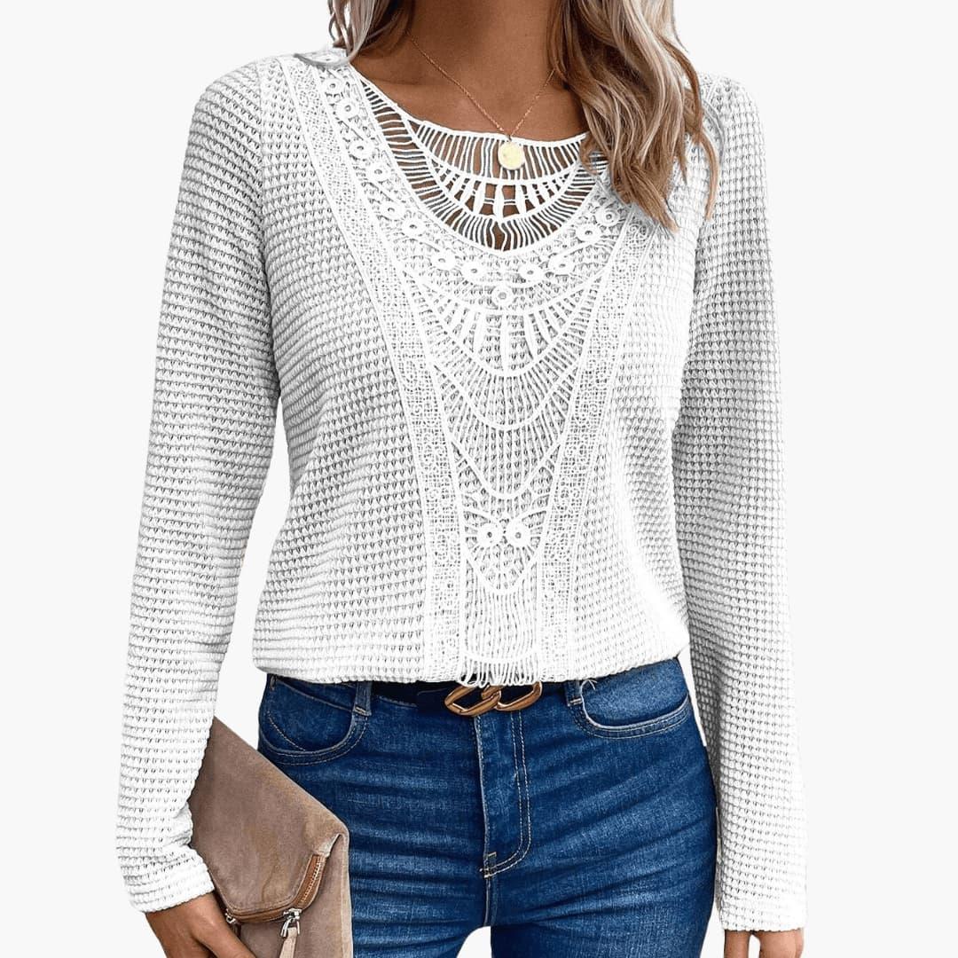 Elara | Women's Long Sleeve Crochet Waffle Knit Top