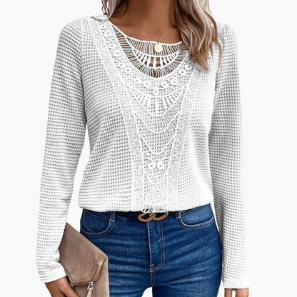 Elara | Women's Long Sleeve Crochet Waffle Knit Top