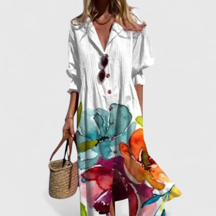 Paula | Women's Boho Floral Collared Button Down Casual Summer Maxi Dress