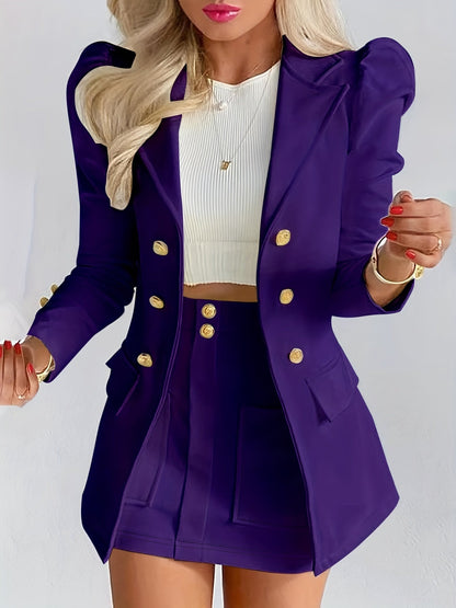 Elodie | Women's Tailored Puff Sleeve Double Breasted Blazer Skirt Two Piece Set