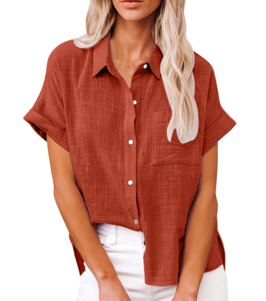 Yara | Women's Cotton Linen Blend Short Sleeve Button Down Blouse