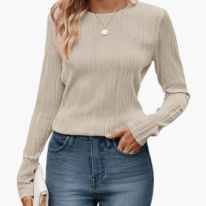 Elodie | Women's Ribbed Textured Round Neck Long Sleeve Top