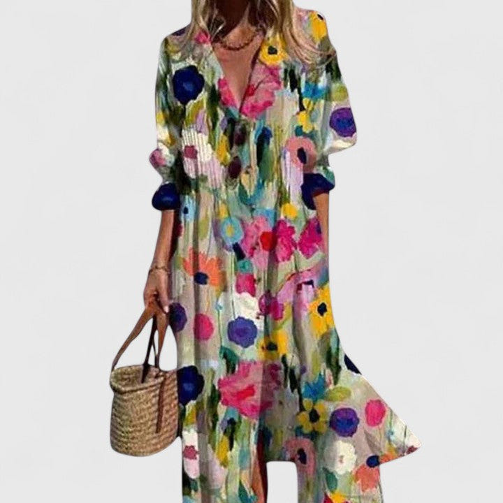 Paula | Women's Boho Floral Collared Button Down Casual Summer Maxi Dress