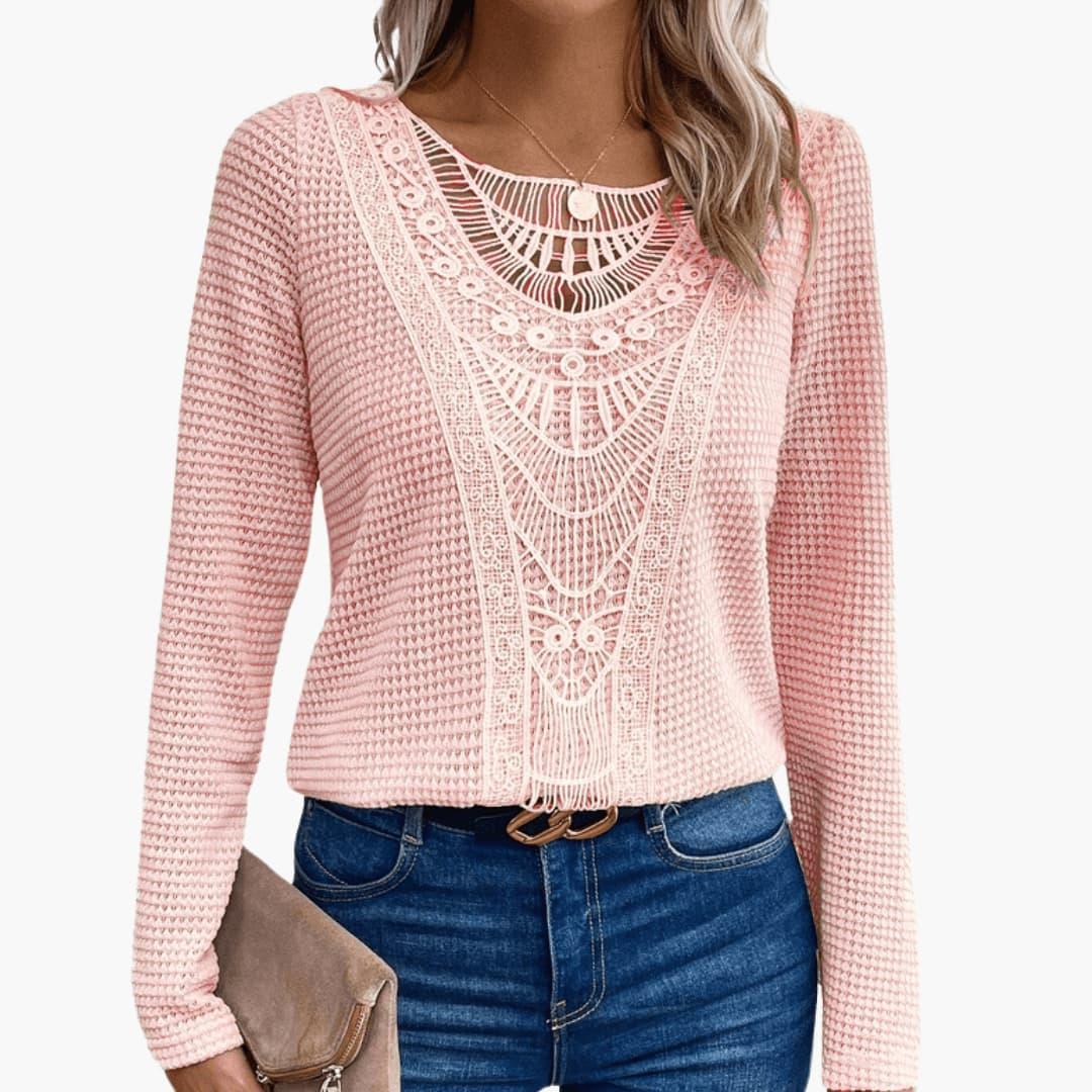 Elara | Women's Long Sleeve Crochet Waffle Knit Top