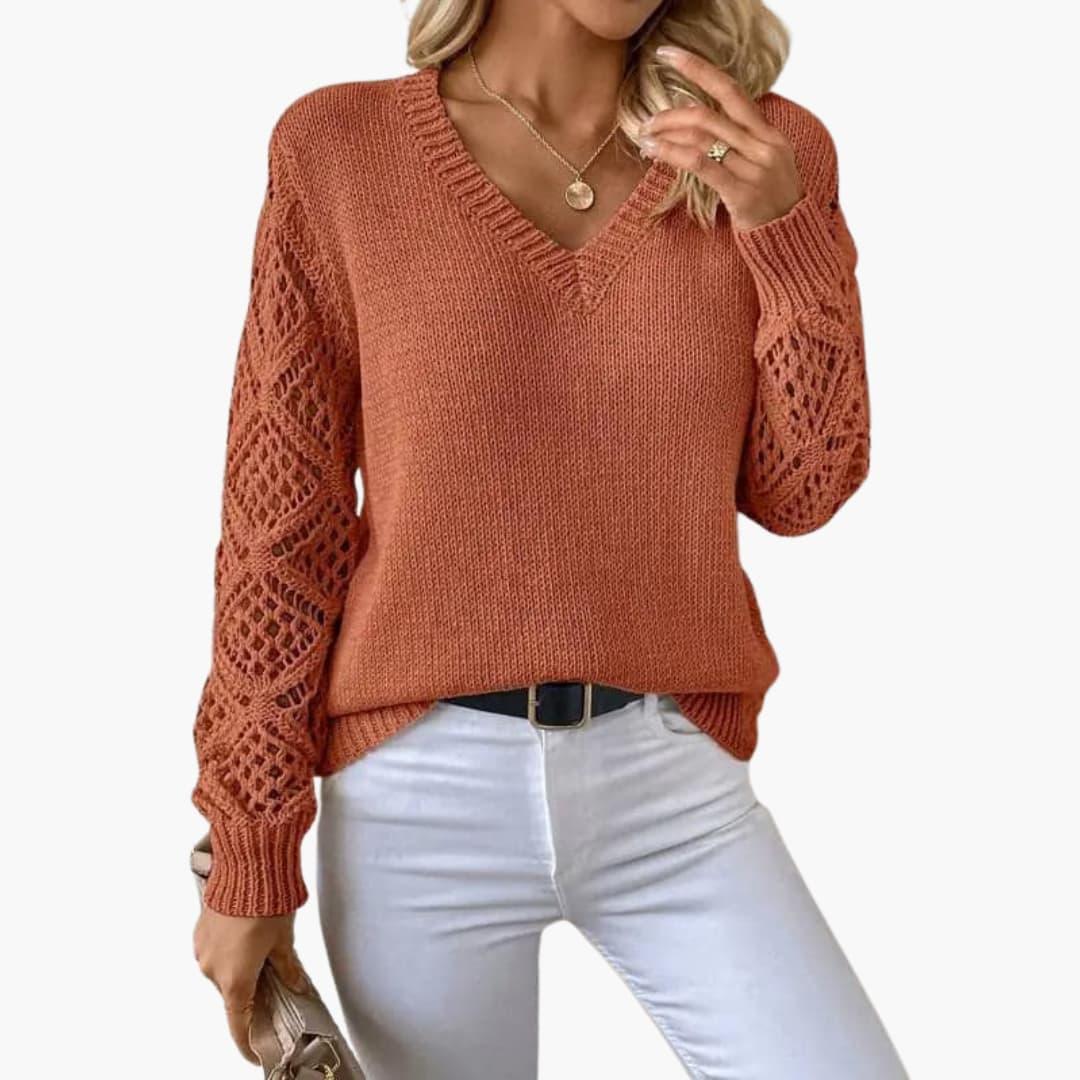 Elowen | Women's V-Neck Crochet Sleeve Relaxed Fit Jumper