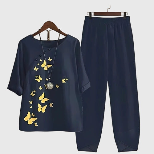 Delora | Women's Butterfly Print Relaxed Fit Two Piece Set