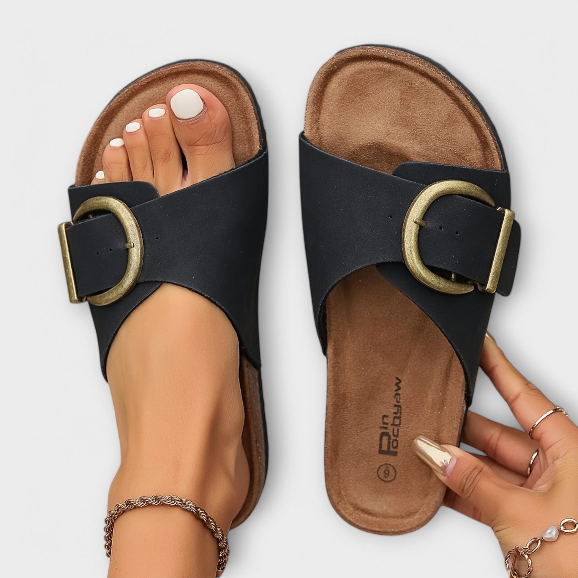 Joanna | Flat Sandals Cork Footbed Buckle Slide Orthopedic