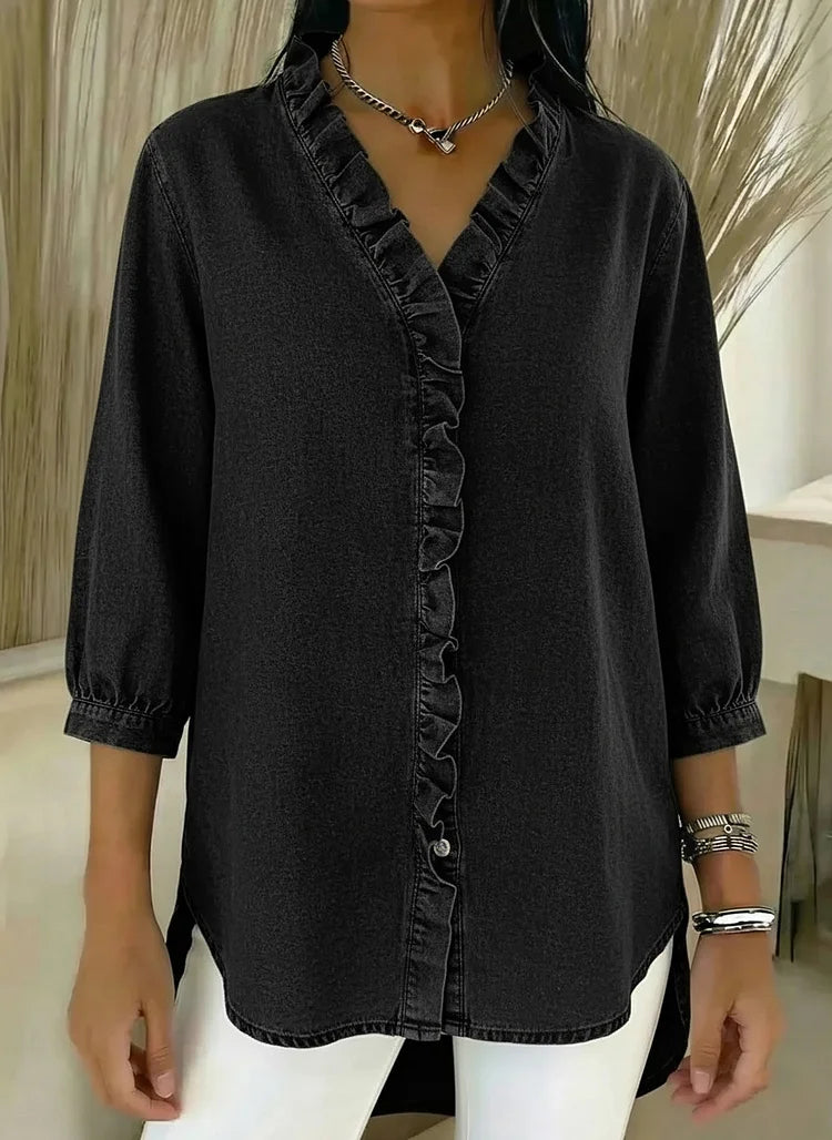 Delyth | Women's Denim V-Neck Ruffled Relaxed Fit Shirt