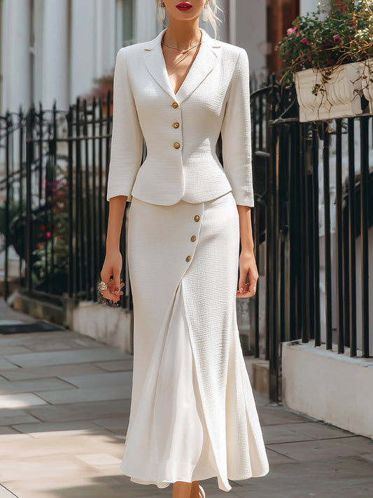 Vespera | Women's Textured Buttoned Blazer and Midi Skirt Set