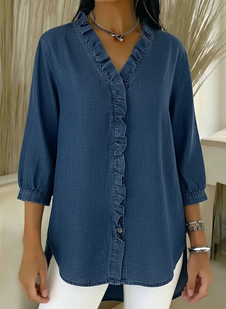 Delyth | Women's Denim V-Neck Ruffled Relaxed Fit Shirt