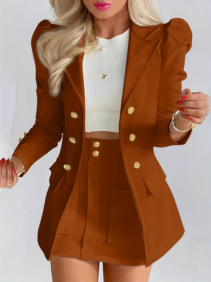 Elodie | Women's Tailored Puff Sleeve Double Breasted Blazer Skirt Two Piece Set
