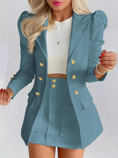 Elodie | Women's Tailored Puff Sleeve Double Breasted Blazer Skirt Two Piece Set