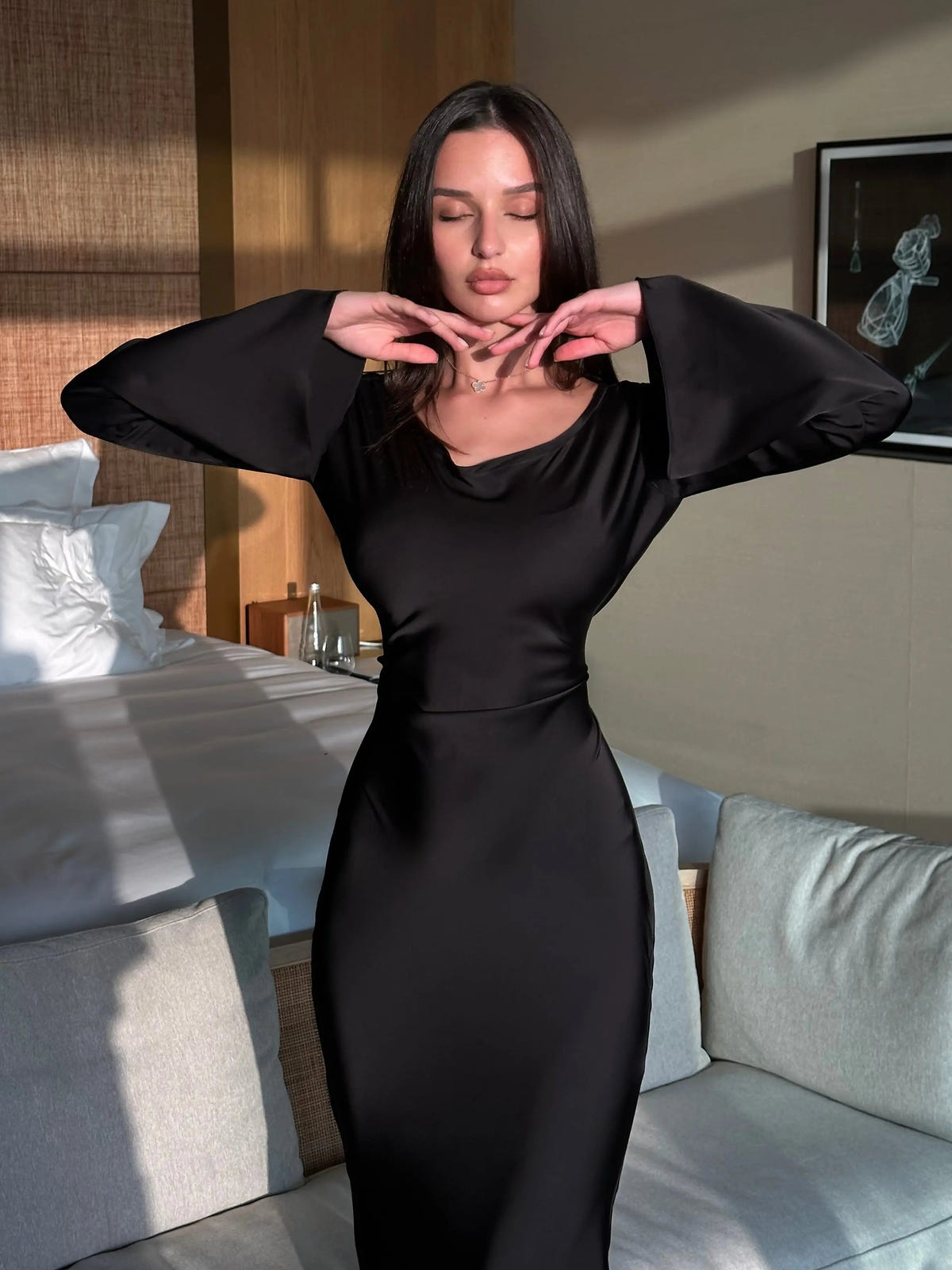 Ariadne | Women's Long Sleeve Satin Flowing Maxi Dress