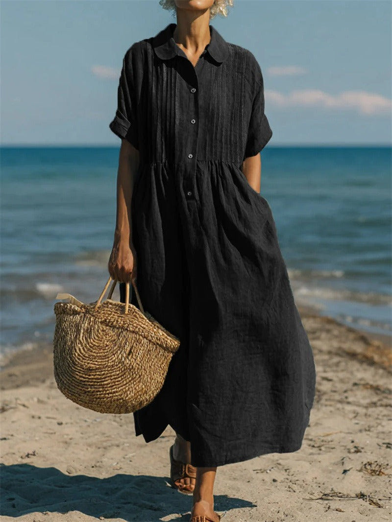 Mandy | Women's Cotton Blend Collared Button Down Relaxed Summer Midi Dress