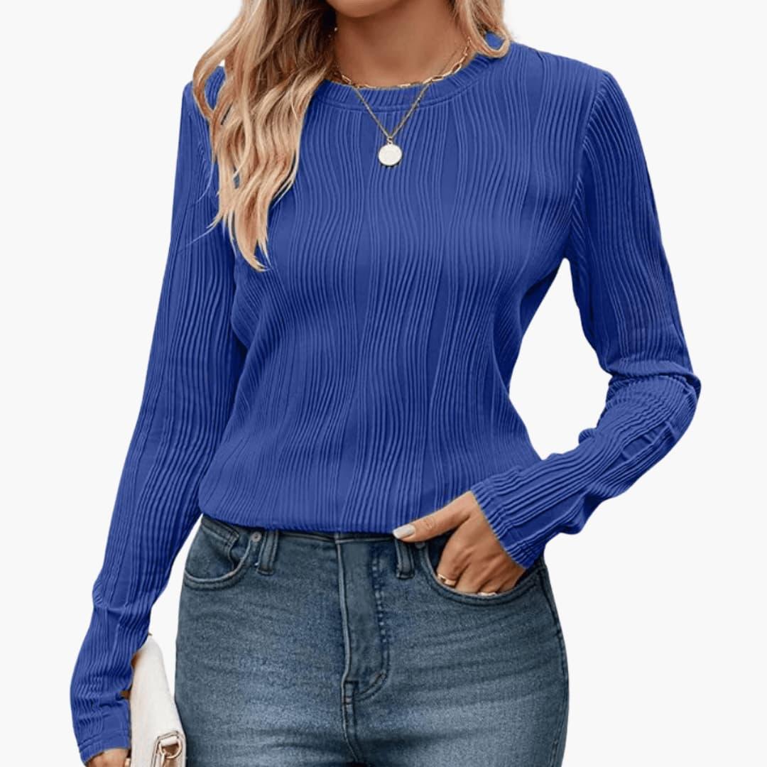 Elodie | Women's Ribbed Textured Round Neck Long Sleeve Top