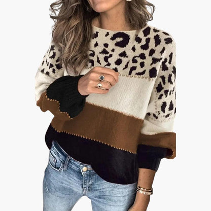 Sienna | Women's Colour Block Animal Print Crew Neck Knit Jumper