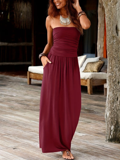 Talia | Women's Bandeau Strapless Ruched Summer Maxi Dress