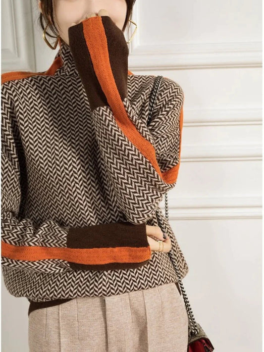 Wren | Women's Turtleneck Herringbone Contrast Knit Sweater
