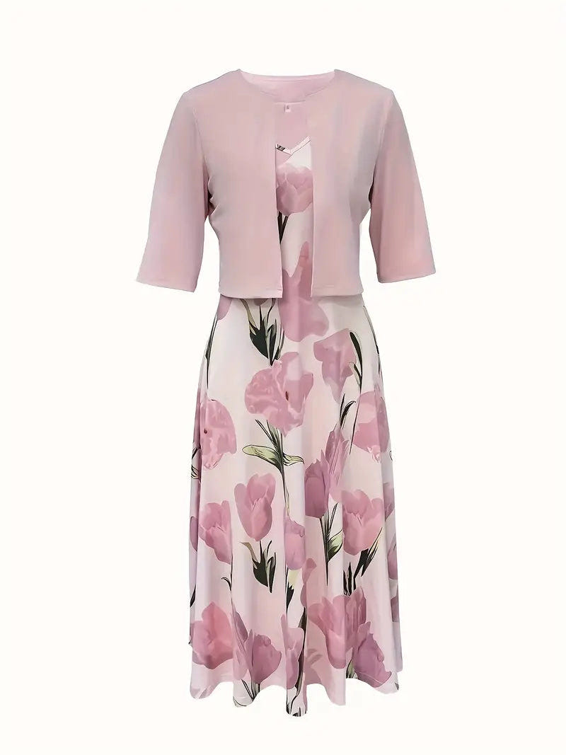 Catherine | Floral Print Sleeveless A Line Maxi Dress With Cropped Jacket Two Piece Set