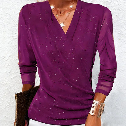 Ophelia | Women's Draped V Neck Sparkle Long Sleeve Going Out Top