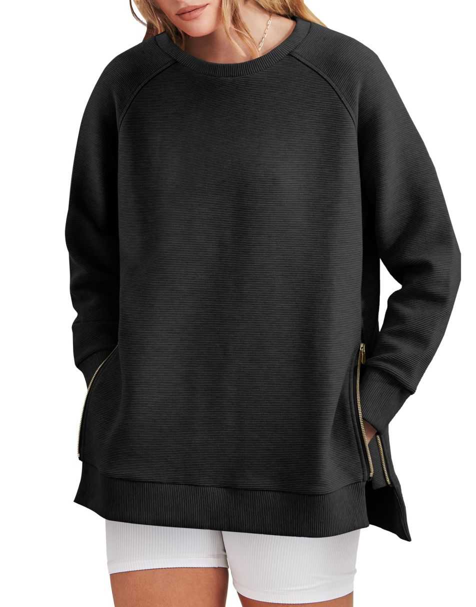 Elouwen | Women's Zippered Side Split Crew Neck Tunic Sweatshirt