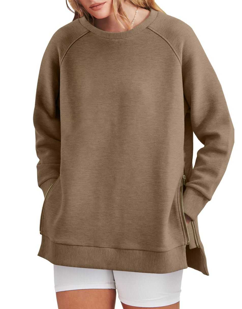 Elouwen | Women's Zippered Side Split Crew Neck Tunic Sweatshirt