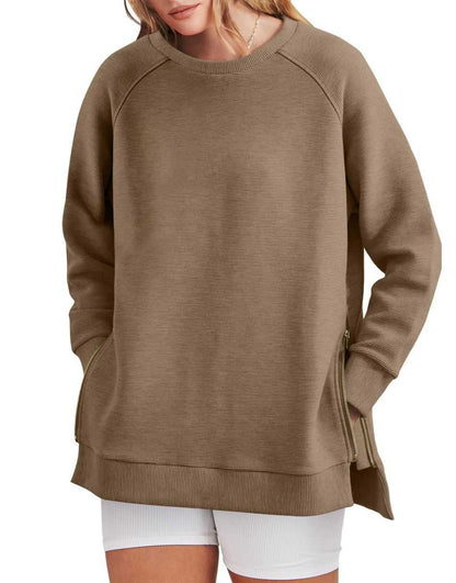 Elouwen | Women's Zippered Side Split Crew Neck Tunic Sweatshirt