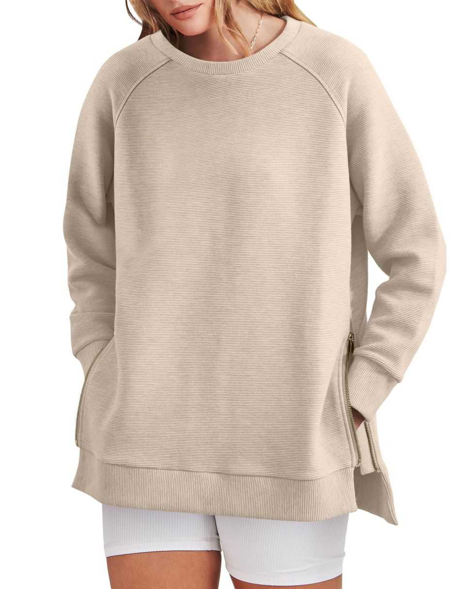 Elouwen | Women's Zippered Side Split Crew Neck Tunic Sweatshirt