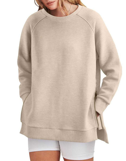 Elouwen | Women's Zippered Side Split Crew Neck Tunic Sweatshirt