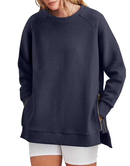 Elouwen | Women's Zippered Side Split Crew Neck Tunic Sweatshirt