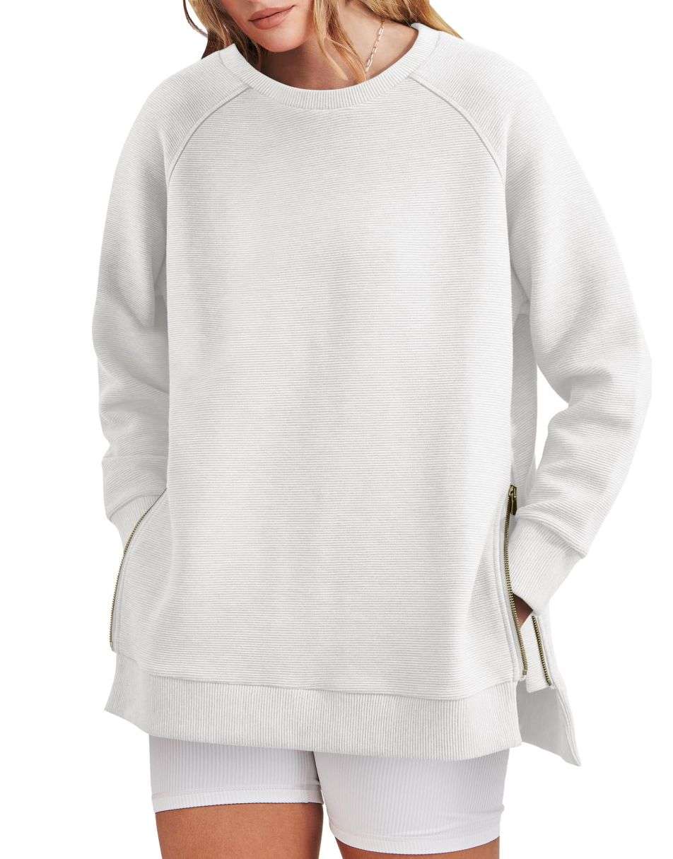 Elouwen | Women's Zippered Side Split Crew Neck Tunic Sweatshirt