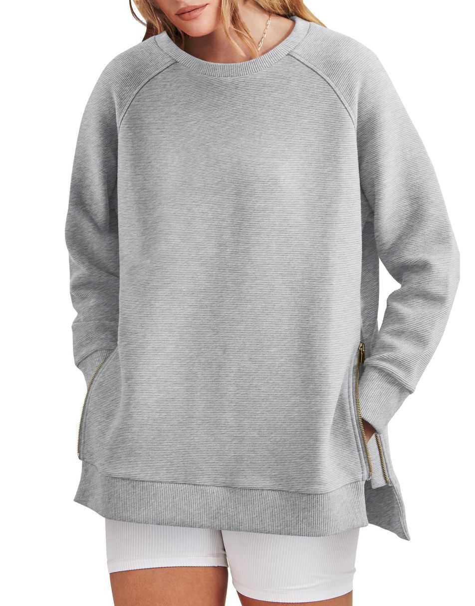 Elouwen | Women's Zippered Side Split Crew Neck Tunic Sweatshirt