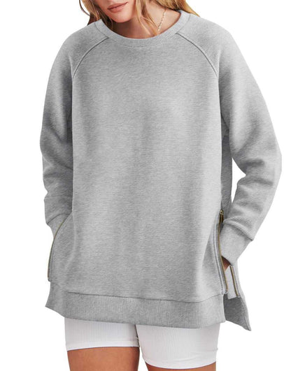 Elouwen | Women's Zippered Side Split Crew Neck Tunic Sweatshirt