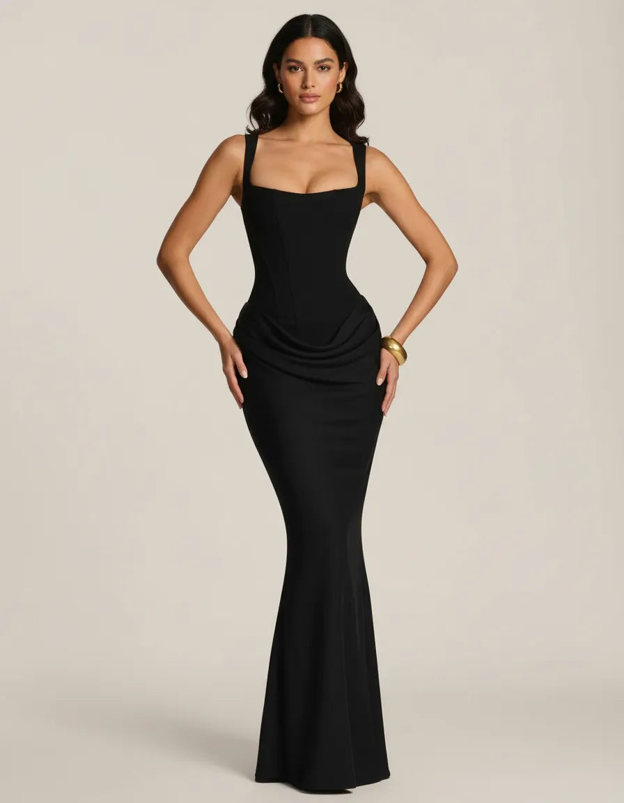 Seraphine | Women's Corset Draped Square Neck Maxi Dress