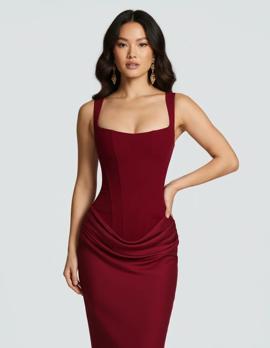 Seraphine | Women's Corset Draped Square Neck Maxi Dress