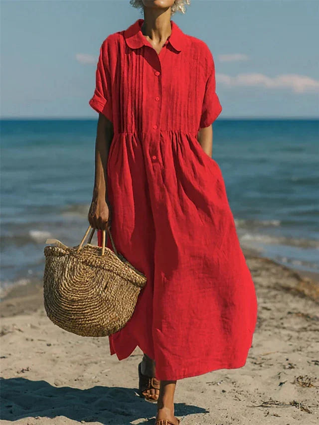 Mandy | Women's Cotton Blend Collared Button Down Relaxed Summer Midi Dress