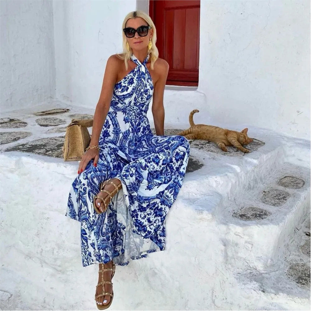 Alyra | Women's Halter Backless Printed Summer Maxi Dress
