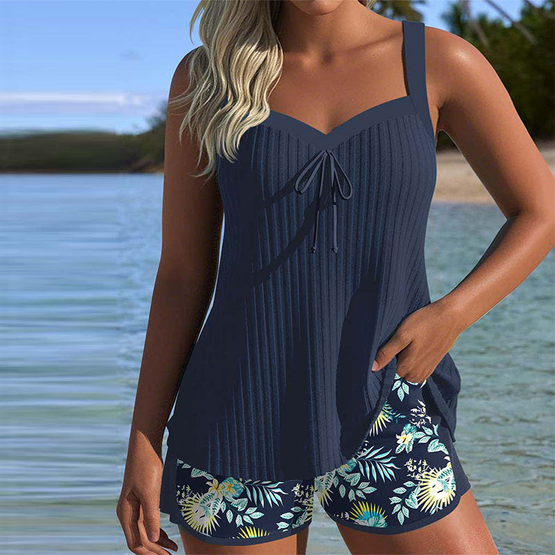 Cassandra | Tankini Set Floral Shorts Ribbed Drawstring Front