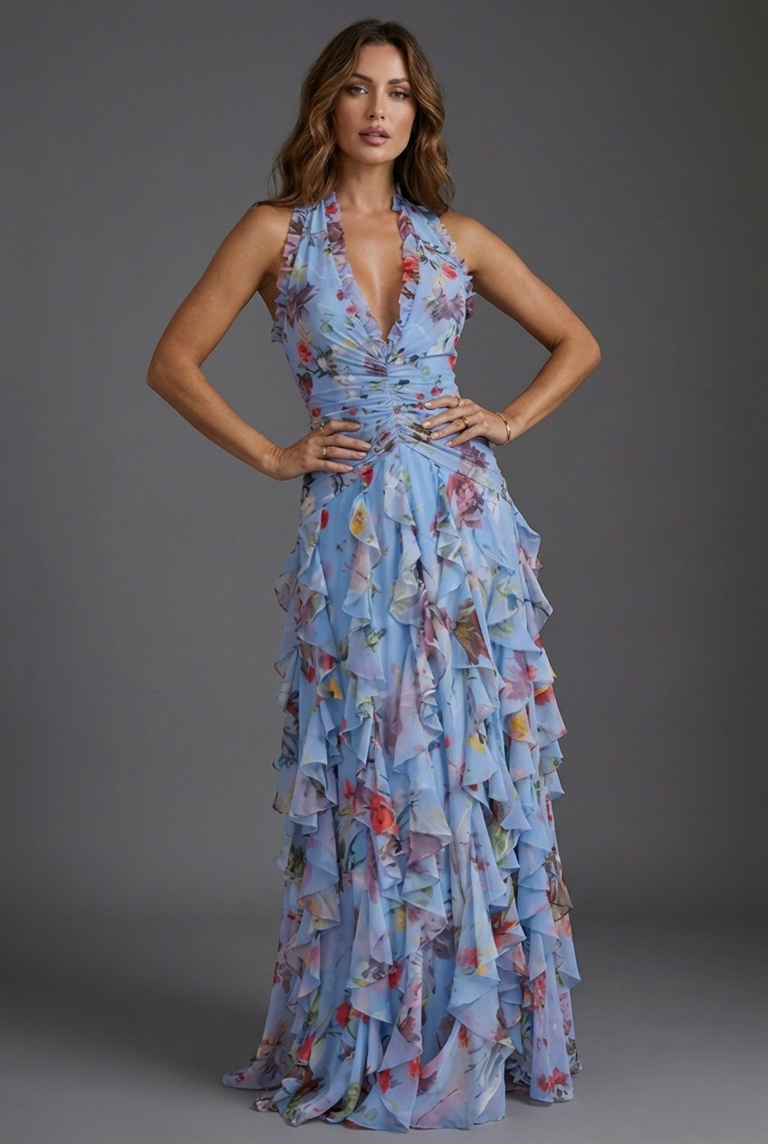 Arabella | Women's Floral Halter Ruffle Chiffon Maxi Dress