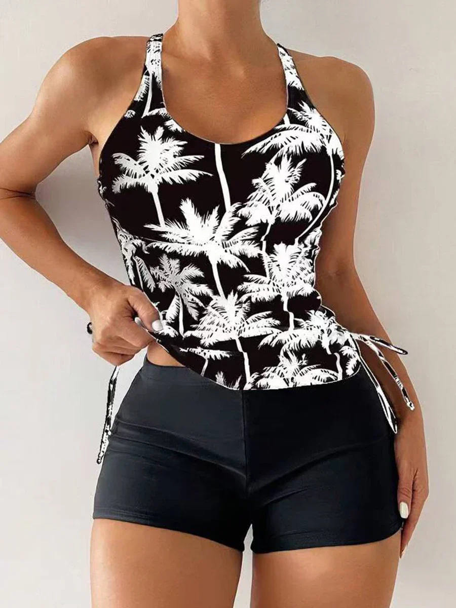 Camila | Women's Tankini Set Tropical Palm Print Cross Back Boyshorts