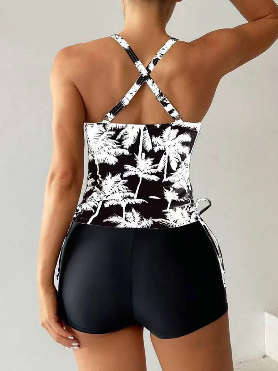 Camila | Women's Tankini Set Tropical Palm Print Cross Back Boyshorts