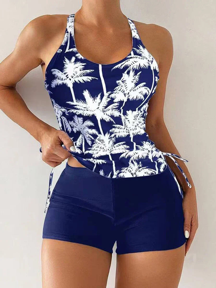 Camila | Women's Tankini Set Tropical Palm Print Cross Back Boyshorts