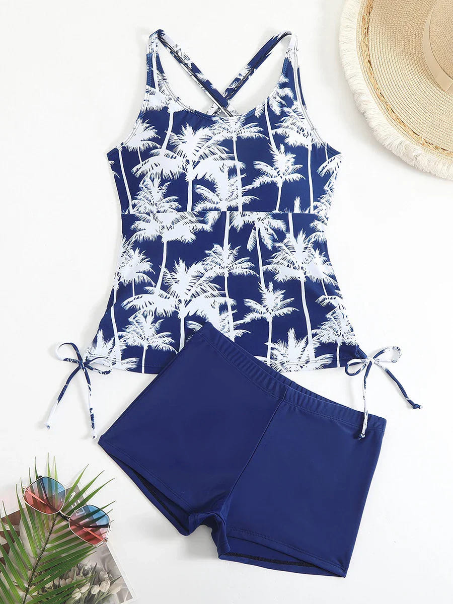 Camila | Women's Tankini Set Tropical Palm Print Cross Back Boyshorts
