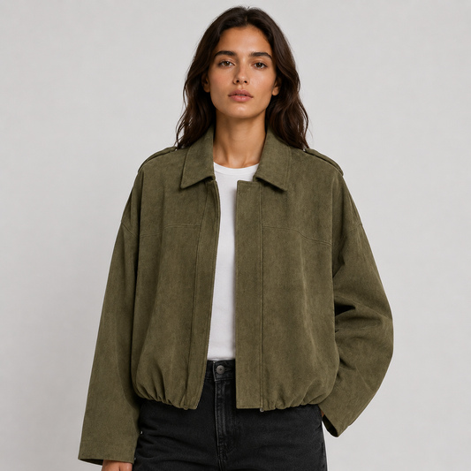 Corveline | Women's Faux Suede Collared Oversized Bomber Jacket