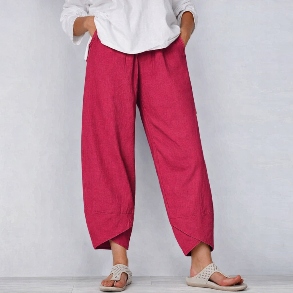 Ovrin | Elastic Waist Wide Leg Asymmetric Hem Cropped Linen Blend Pants