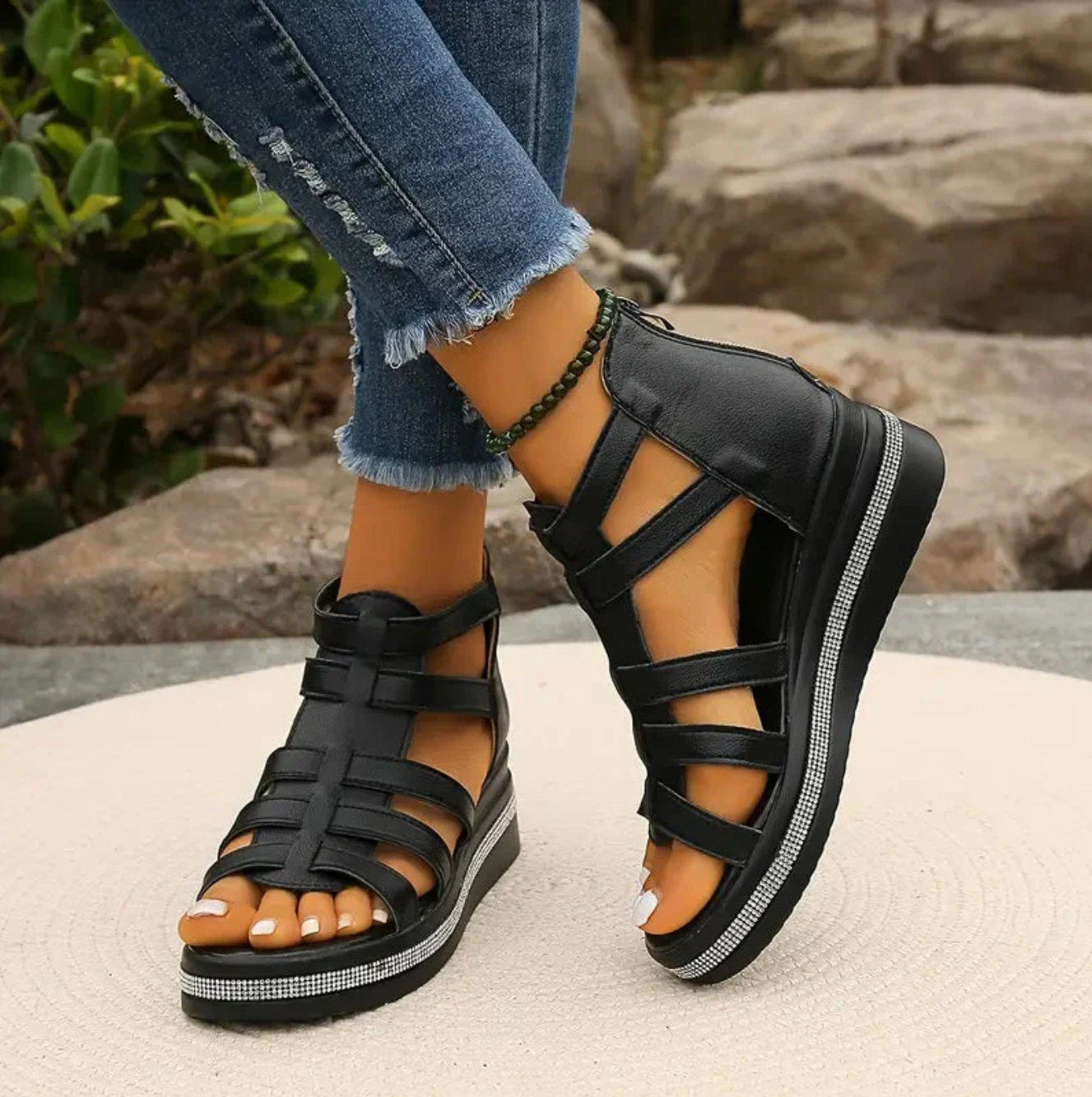 Chloe | Gladiator Sandals Platform Rhinestone Zip Up Flat