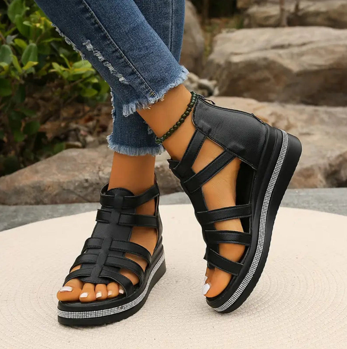 Chloe | Gladiator Sandals Platform Rhinestone Zip Up Flat