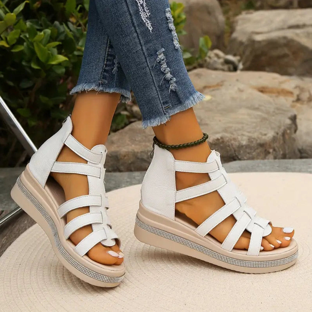 Chloe | Gladiator Sandals Platform Rhinestone Zip Up Flat